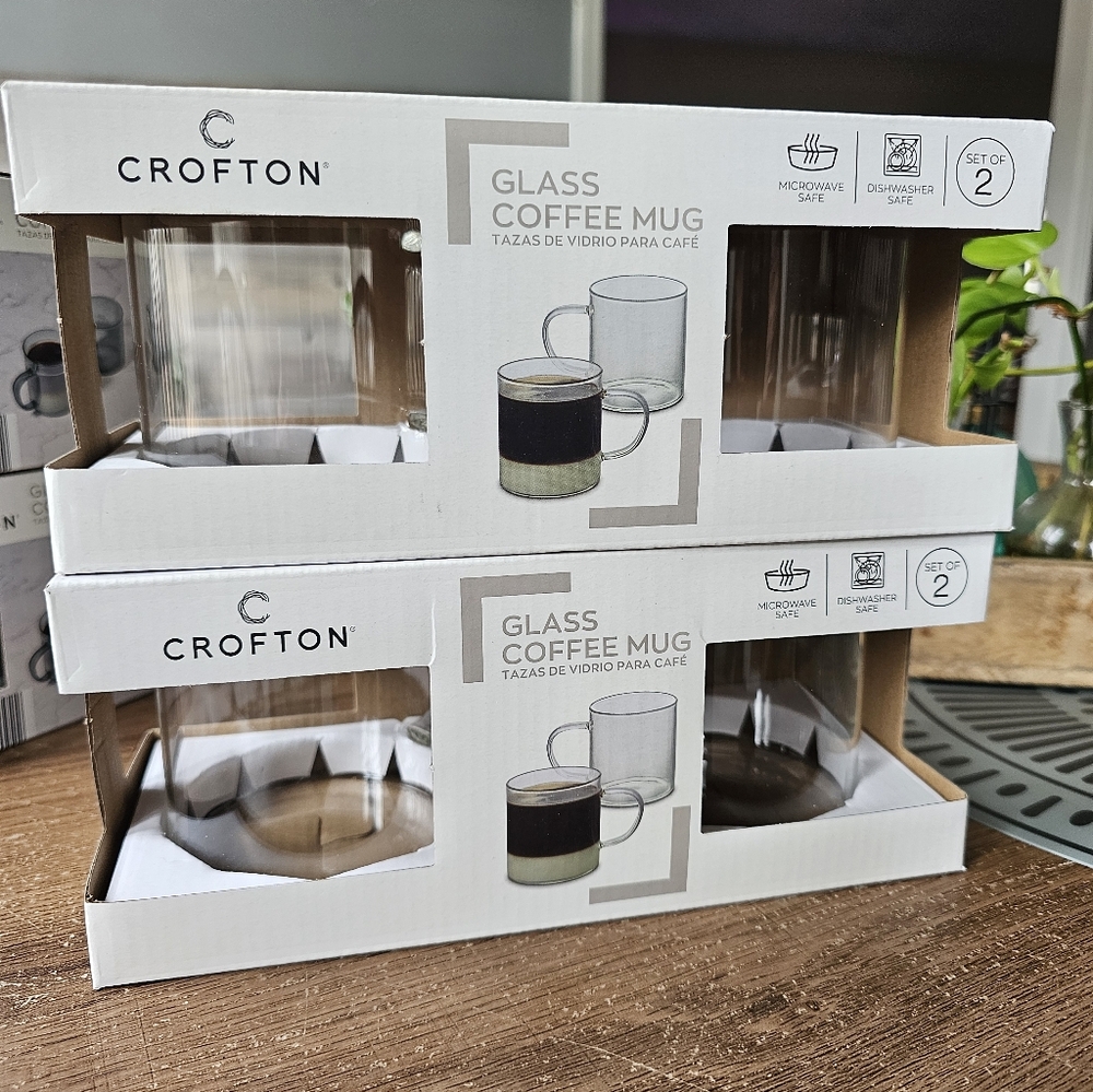 Crofton Glass Coffee‎ Mugs Aldi Borosilicate Glass Clear Set Of 4 NIB 15oz Htf